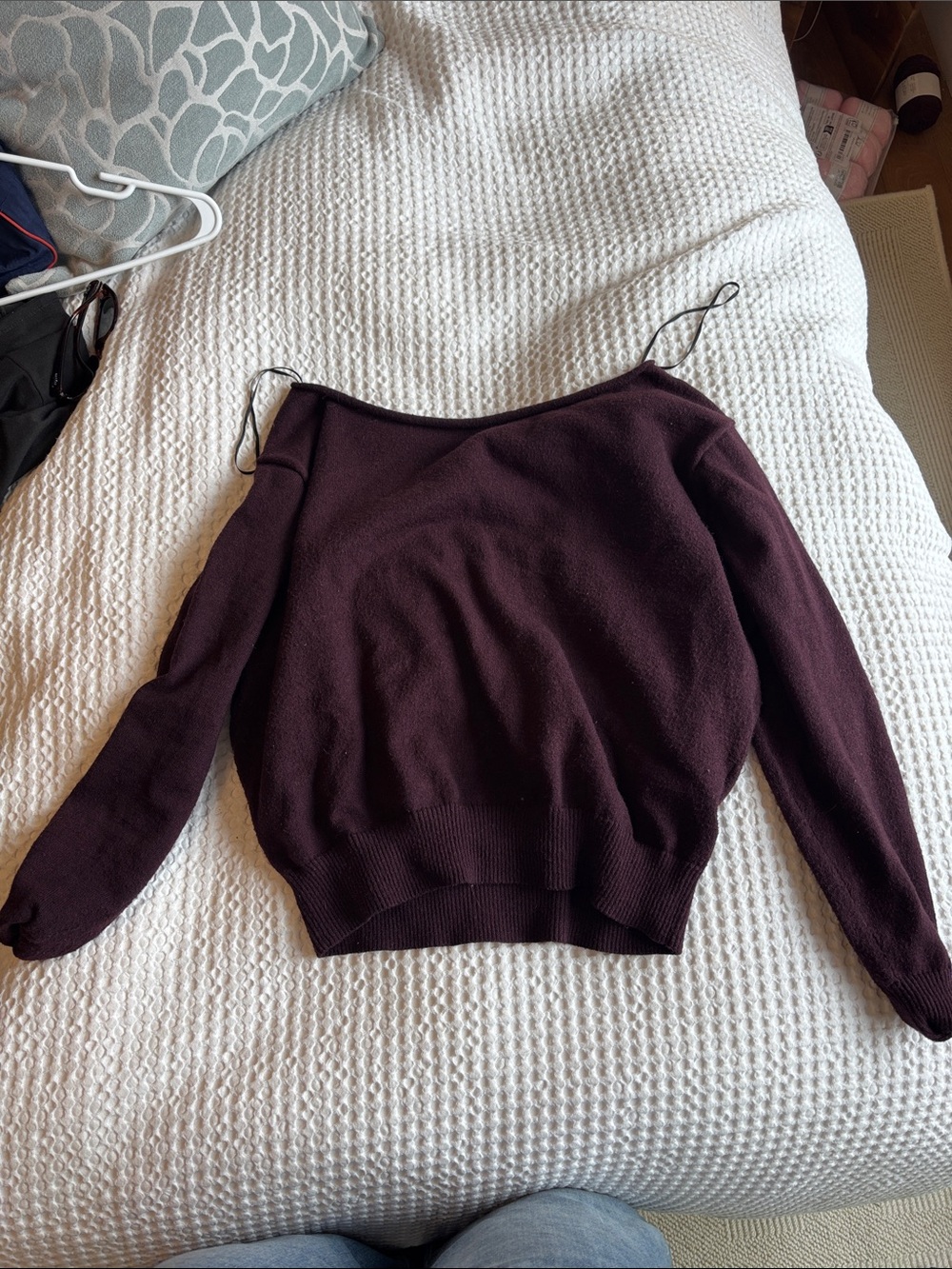Foldover waist Knit Flare Pants and off the shoulder top lounge set Deep Plum - Picture 3 of 3